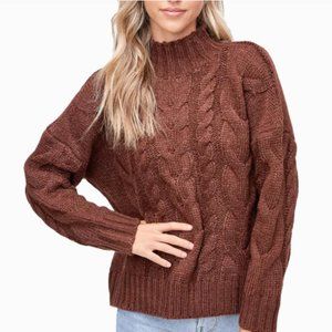 EN SAISON CHUNKY CABLE KNIT MOCK NECK SOFT SWEATER OVERSIZED GINGER BROWN L